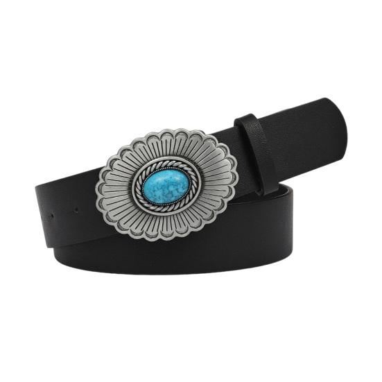 Western Belt Retro Turquoise Design Distressed Silver Buckle Faux Leather Wide Navajo Ethnic Style