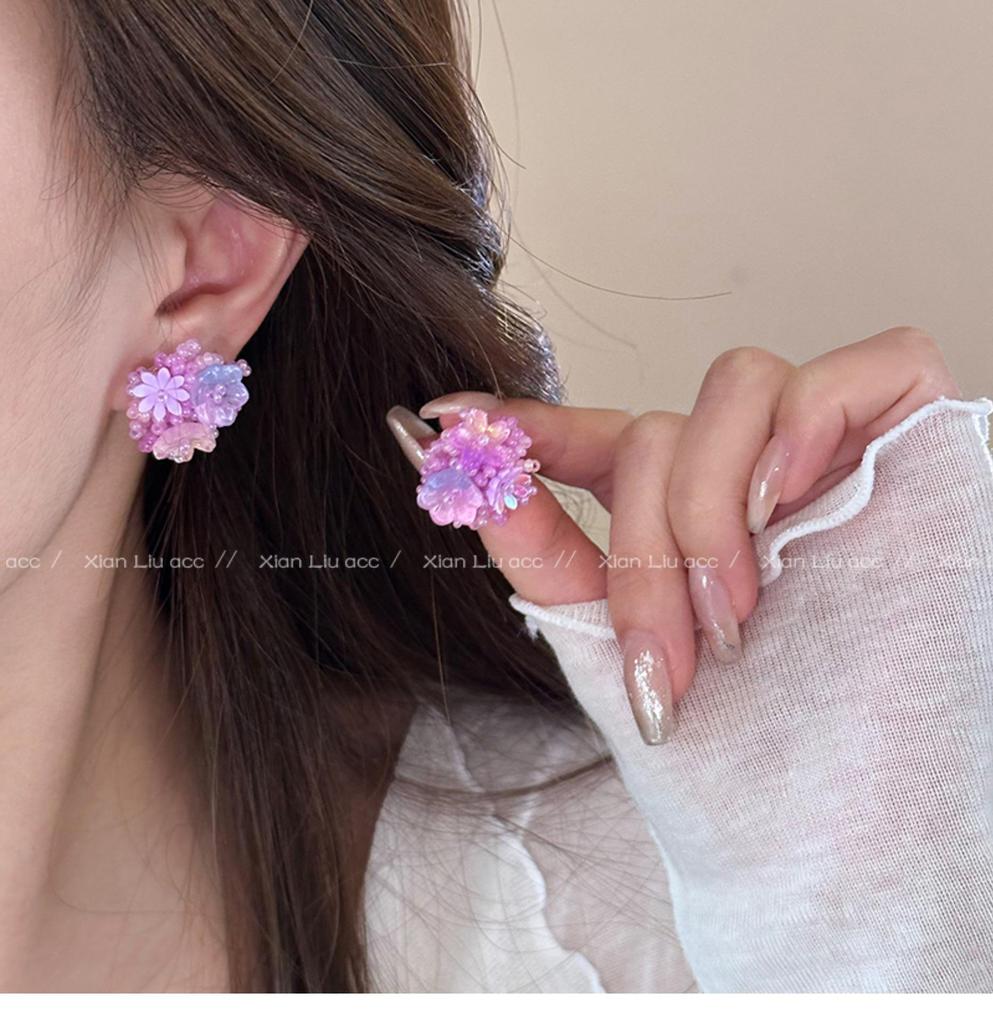 Mori Style Silver Needle Floral Glass Grape Tassel Earrings – Elegant High-End Design