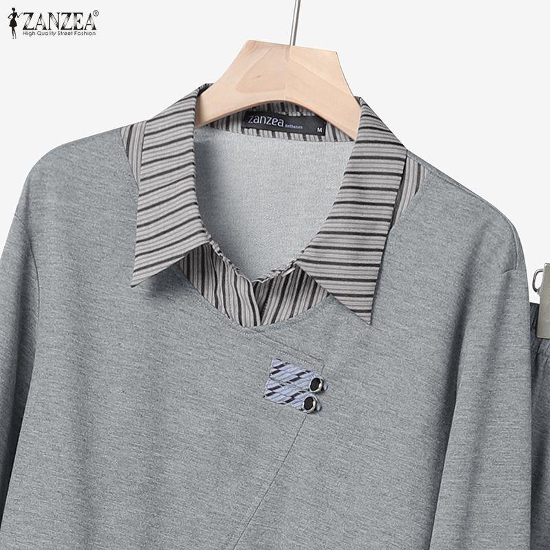ZANZEA Women Long Sleeve Stripe Splice Blouse and Pants Casual Two Piece Suit Sets