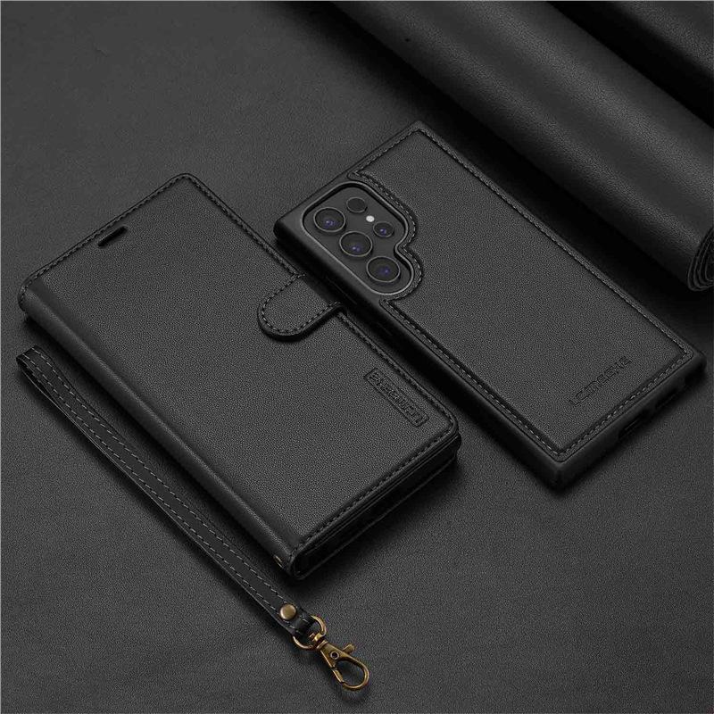 2-in-1 Magnetic Detachable Case for Samsung S25 Ultra, A17 Flip Cover with Card Slot and Lanyard, Leather Case A5655