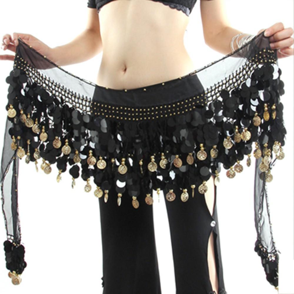 Bellydance Hip Scarf with Dangling Sequins for Belly Dancer Waist Chain Skirts Wrap 11 Colors Cute Stage Dance Wear for Women