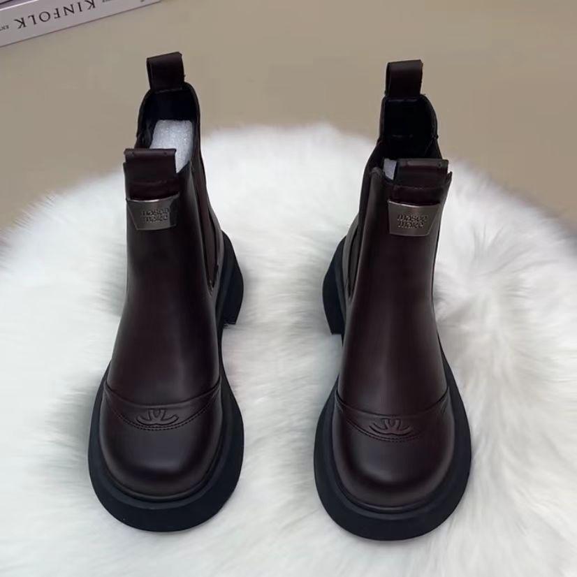 Cizme de piele până la genunchi pentru femei, de toamnă/iarnă 2025, cu căptușeală fleece subțiatoare - Stil britanic Martin Fashion