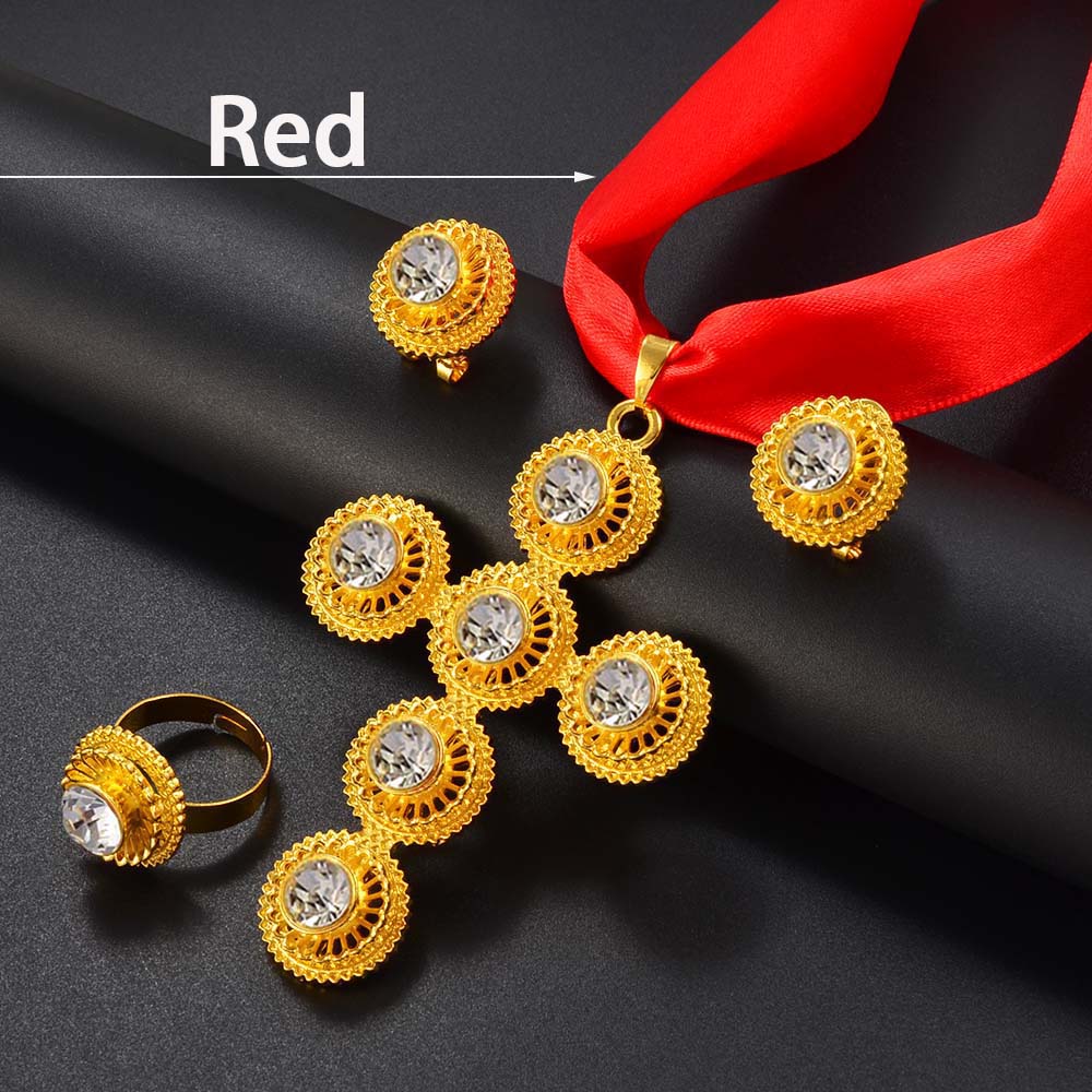 Anniyo Ethiopian Cross Jewelry sets Charms Pendant and Rope Necklaces Earrings Ring Africa Eritrean Habesha Accessories @@140316 45cm DIY Cloth