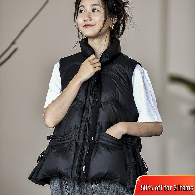

Women s White Duck Down Sleeveless Vest: Literary Style Stand Collar Short Jacket for Spring & Winter S (40-62.5 kg)