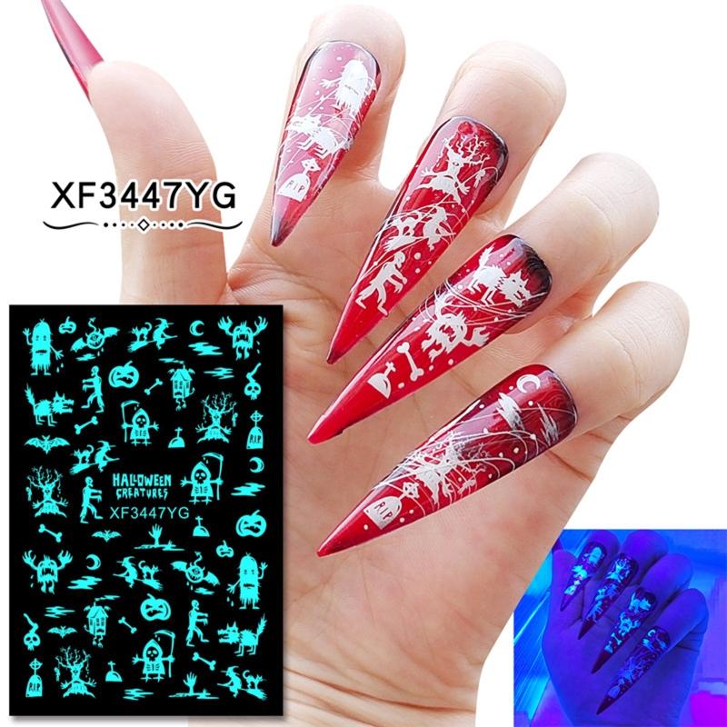 12sheet Luminous Halloween Nail sticker Fluorescent Stickers Glow In The Dark Self Adhesive Halloween Nail Art Stickers