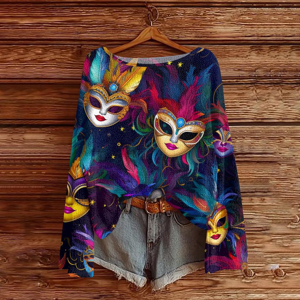 Women's Fashion Round Neck Long Sleeve Print Casual Pullover Sweater Top