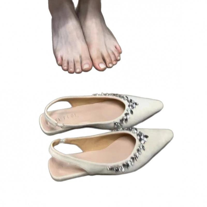 2025 rhinestone flower high heels satin thin heel pointed head bag head French single shoes women's rear empty word belt half drag sandals