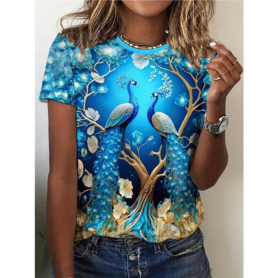 Women's Floral & Butterfly Print Casual T-Shirt - Short Sleeve Round Neck Breathable for All-Season Wear, Ladies T Shirts