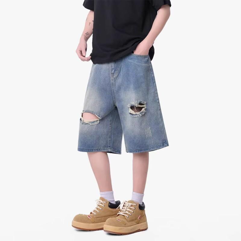 Vintage Distressed Denim Shorts Men Women Loose Straight Leg Streetwear Casual Pants