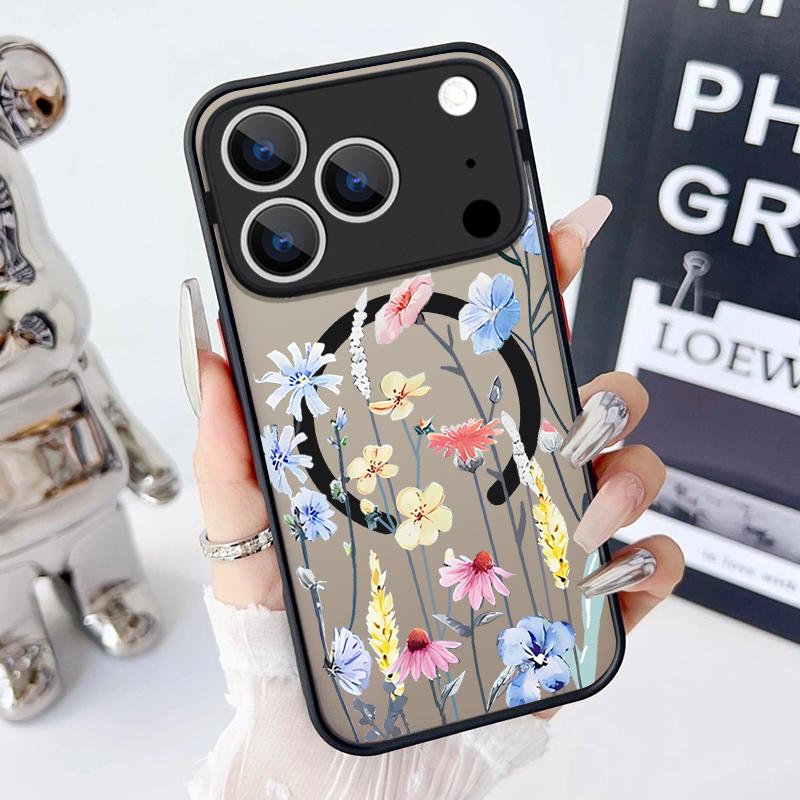 Magnetic Flowers Print Phone Case For iPhone Air 17 16 15 Pro Max 13 12 Pro 14 Plus 11 For Magsafe Wireless Charge Acrylic Cover