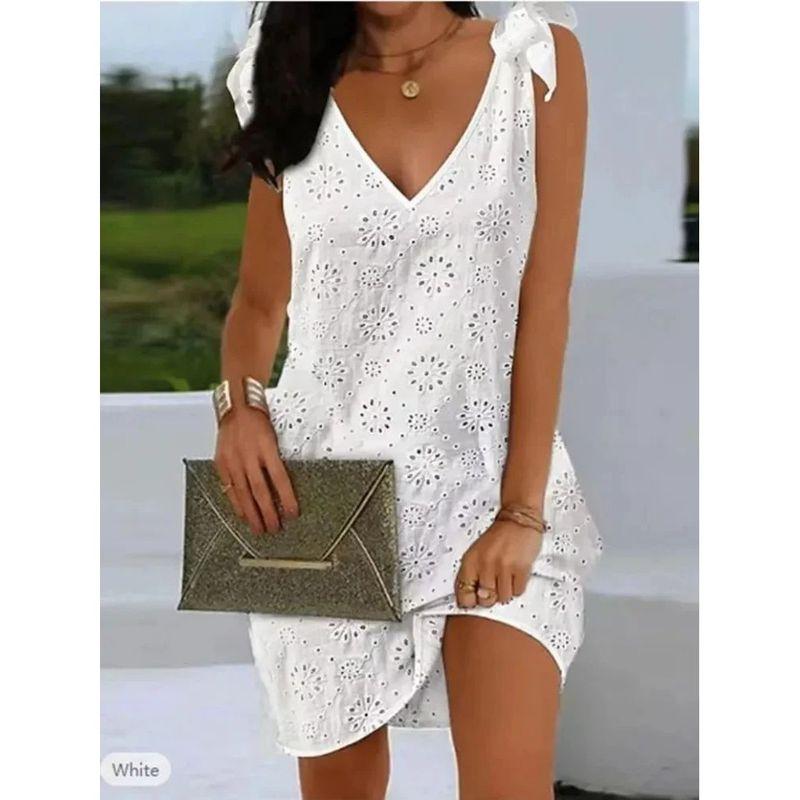 

V-neck Sleeveless Hollow out Casual Dress V-neck Sleeveless Hollow Dress white M(M)