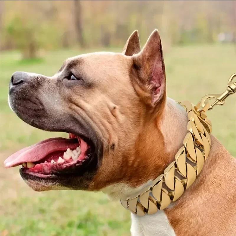 Cadenas de Metal Fuertes para Perros de 32 mm de Ancho Collares Acero Inoxidable Ahogador para Perros Pitbull Collar Dorado para Perros Grandes