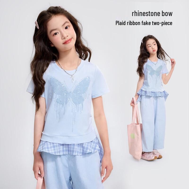 Girls Faux Two-piece Hot Diamond Butterfly Plaid T-Shirt 150