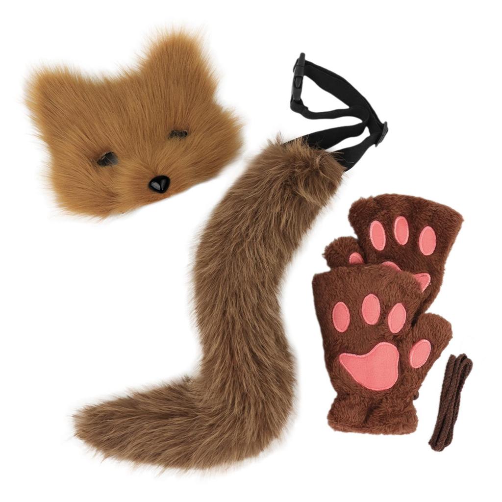Mask and Tail Set Lovely for Women Girls Animal Tail Glove Set for Carnival Role Play Prom Stage Performance Halloween Party