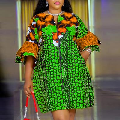 Women Plus Size Round Neck Flare Mid Sleeve Printed Dress