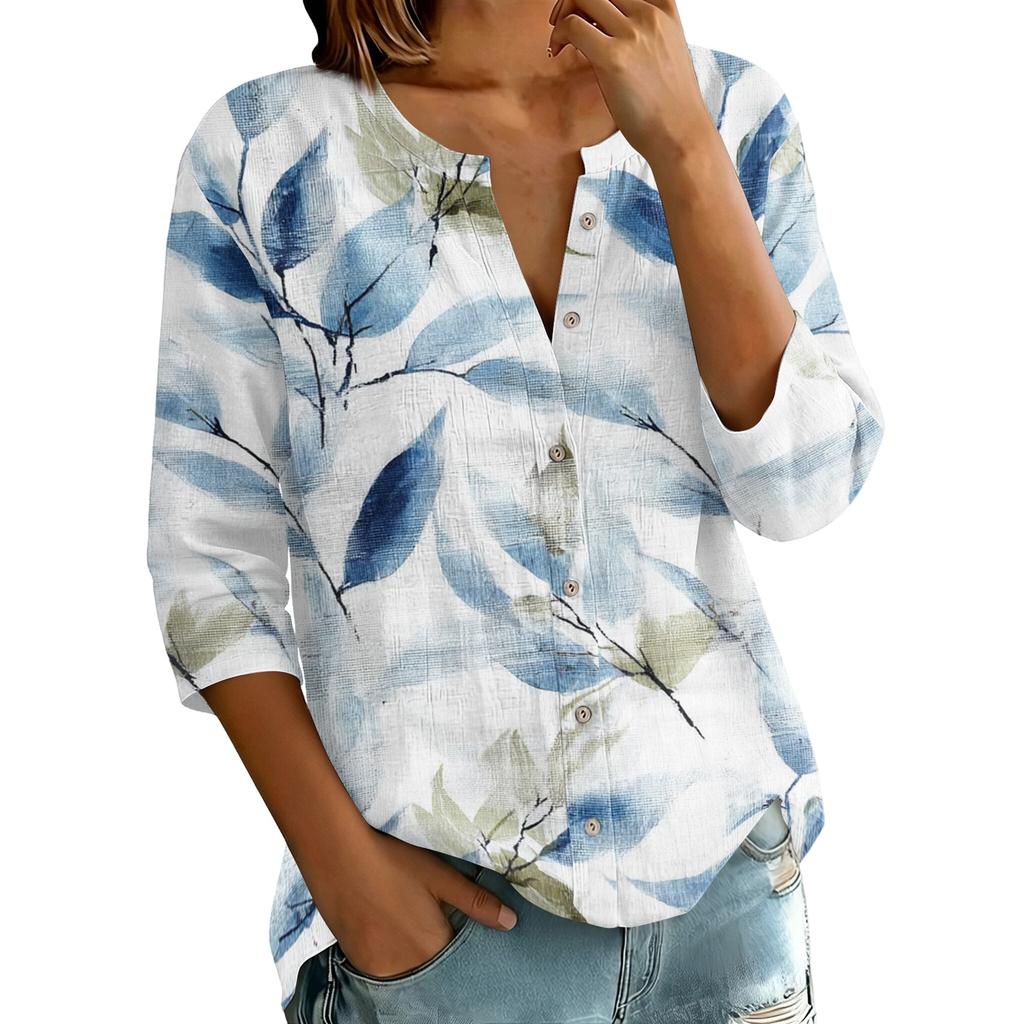Women's Vintage Floral Print Shirt, Three Quarter Sleeve Cotton Linen Blouse, Casual Button Down Summer Top