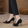Stiletto High Heels Women's Spring New Rhinestone Bow Pointed Single Shoes Black Soft-soled Leather Shoes
