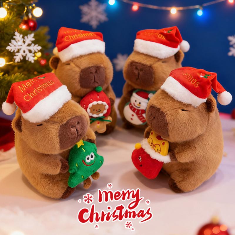 1Pc 20/25CM Kawaii Christmas Capybara Plush Toys Cartoon Capibara Dolls Wears Xmas Hat Holding Gingerbread Man Nice Christmas Gift
