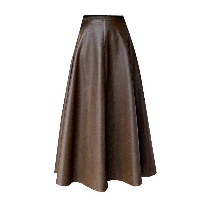 Fashionable A-line Skirt for Women Leather Skirts High Waist Knee-length Skirt