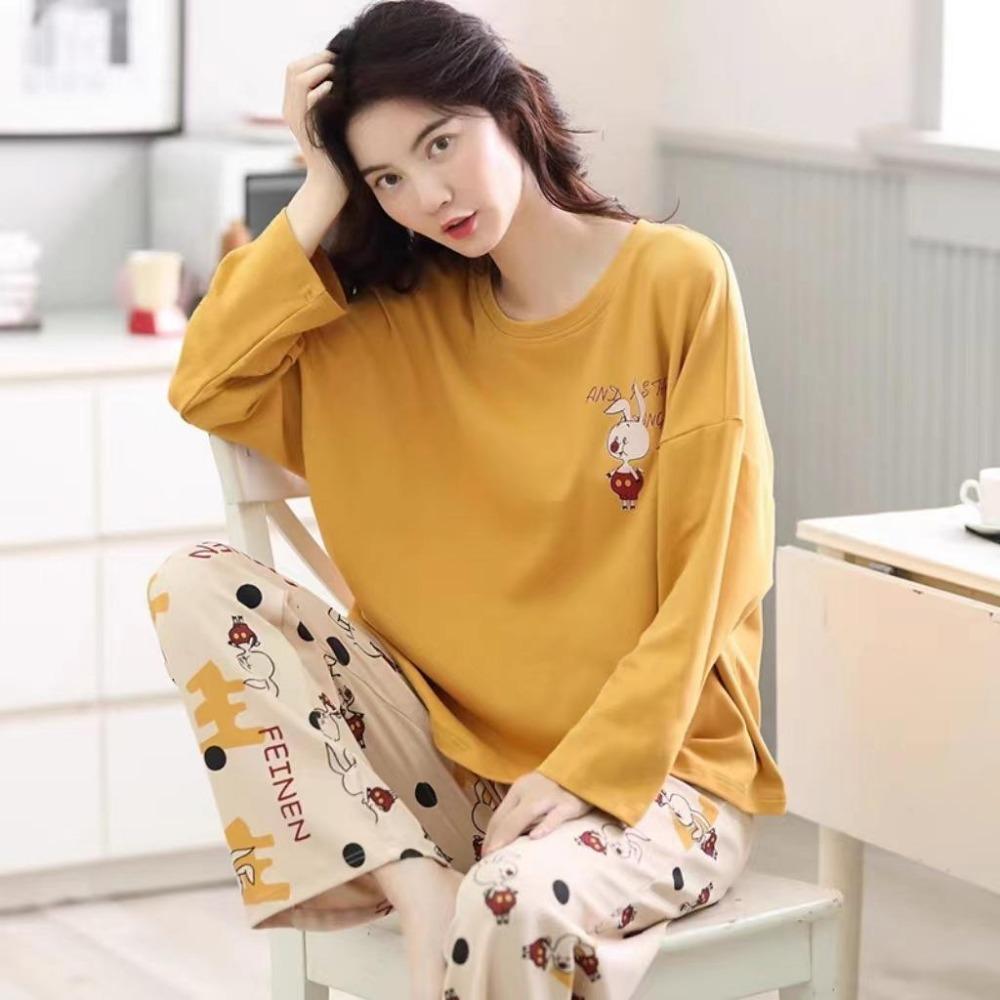 Plus Size Pajamas Women Long Sleeve Homewear Women Simple Loose Set Outer Wear