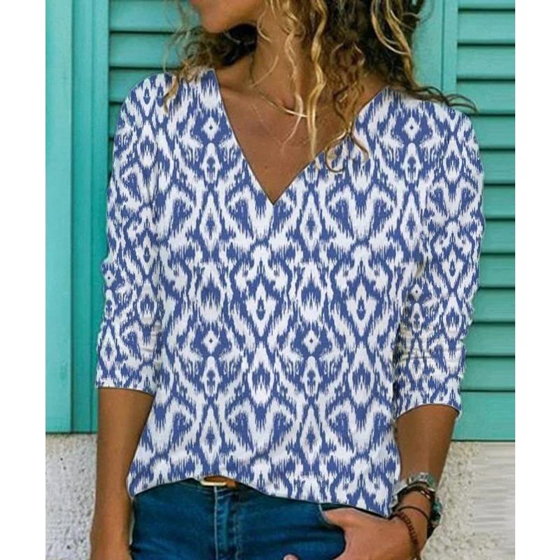 V-neck 3D Printed Top Fashionable Casual Long Sleeved Women's T-shirts