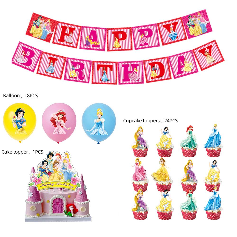 Birthday Banner Set With 18 Pcs Latex Princess Balloons 12 Pcs Cupcake Toppers