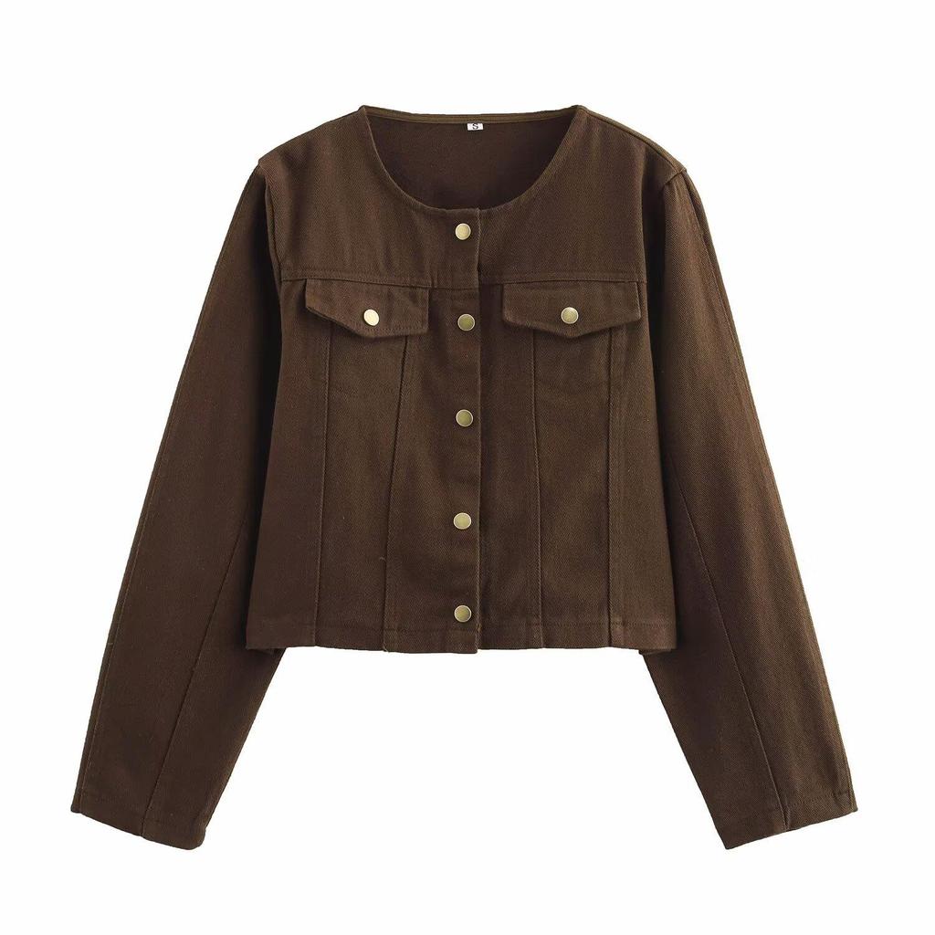2025 Spring Women's European & American Style Brown Crew Neck Jacket and High Waist Pants Set