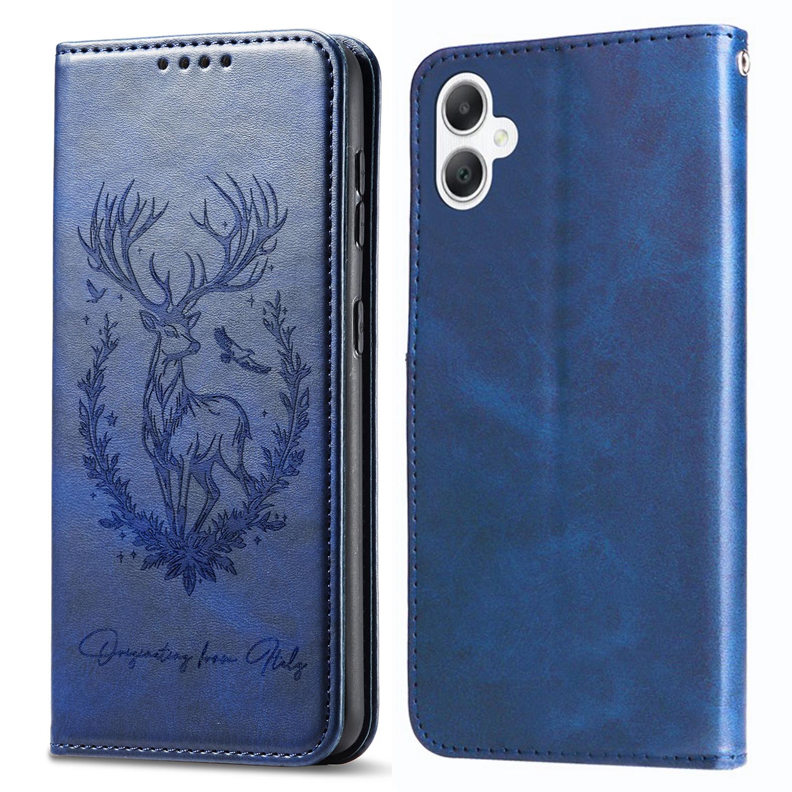 

For Samsung Galaxy A06 4G Stand Case Lucky Deer Imprinted Magnetic Closure Leather Wallet Phone Cover Blue