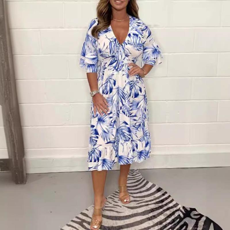 

Летнее повседневное платье с v-образным вырезом и длинными рукавами с принтом для женщин