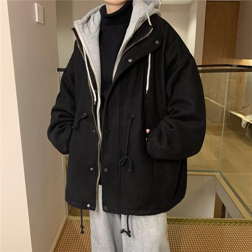 Men's Hong Kong Style Hooded Woolen Overcoat - Thickened Mid-Length Two-Piece Trendy Winter Jacket