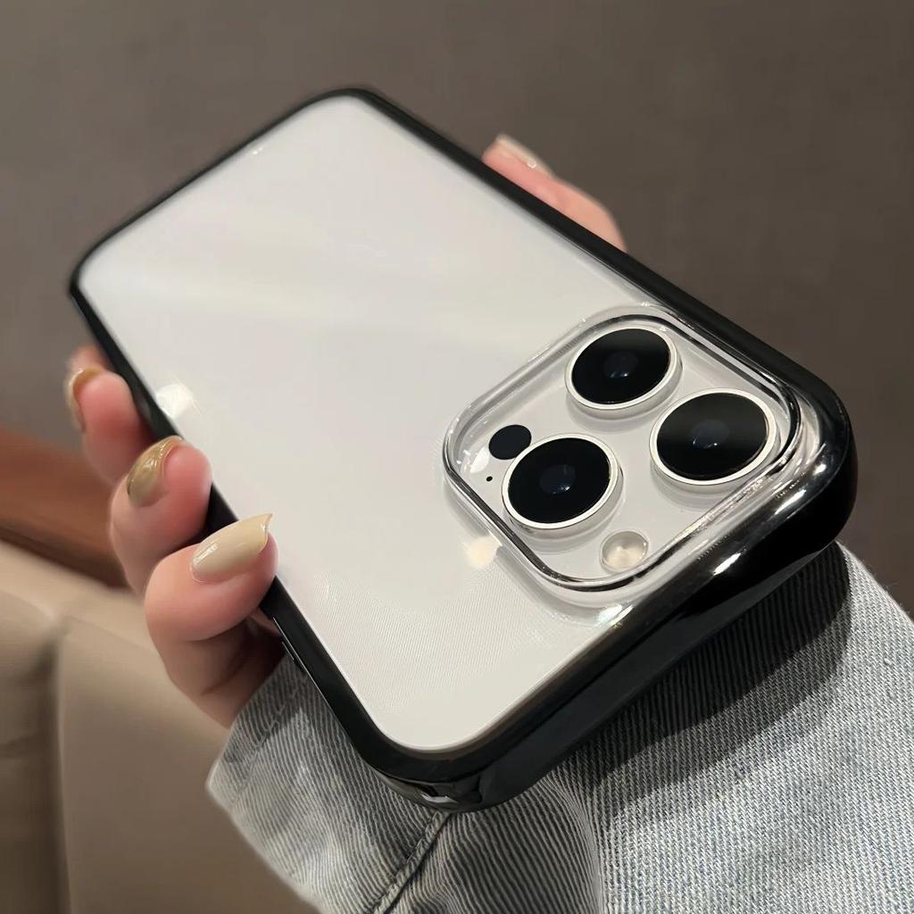 Black Color Edge Frame Transparent Acrylic Anti-fall Phone Case For iPhone 16 15 14 Plus 13 Pro Max Shockproof Bumper Back Cover