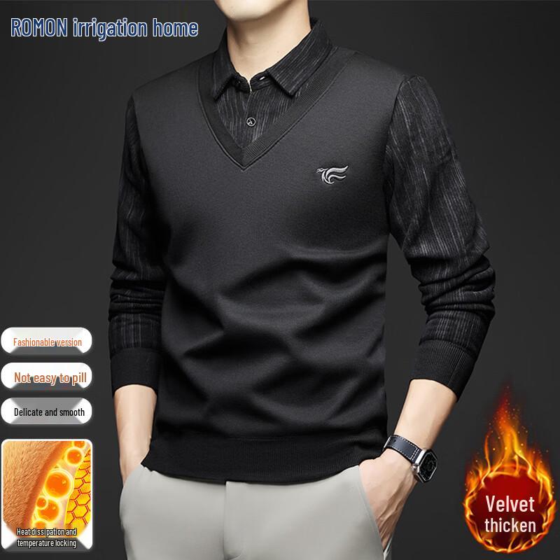 ROMON Men s Autumn/Winter Fleece-Lined Mock Collar T-Shirt 3XL