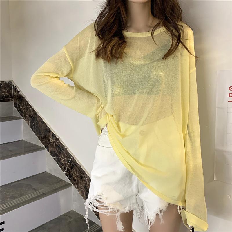 

Женский летний тонкий топ с круглым вырезом и длинным рукавом, свободная дышащая верхняя одежда, футболка, солнцезащитная блузка, топ, пуловер, сплошной цвет One Size жёлтый