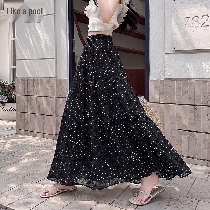 Elegant Spliced Polka Dot A-Line Midi Skirt L