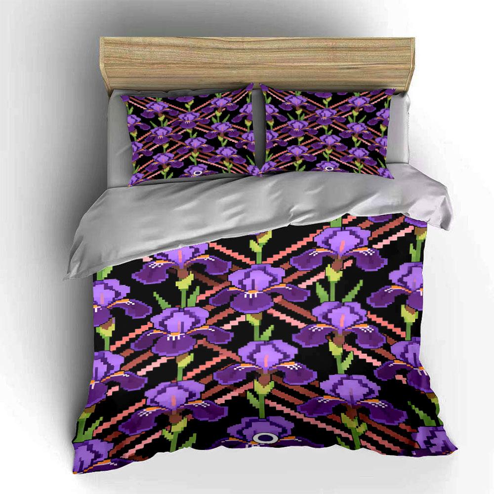 Purple irises, geometric stripes. Bedding sets Duvet cover sets Duvet covers Pillowcases(1 * Duvet Cover 2 * Pillowcases without duvet insert)