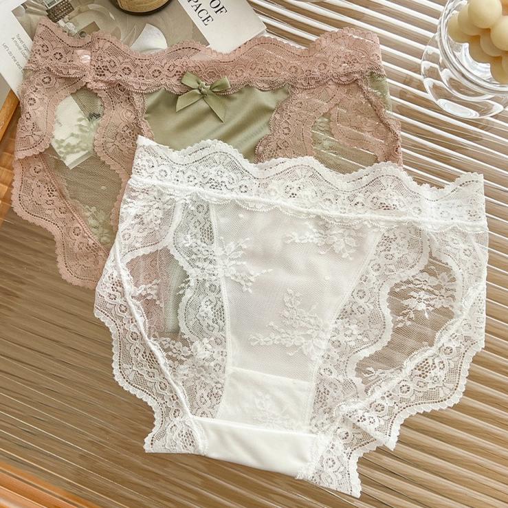 Pure Desire Lace Panties for Women Summer Thin Sexy Bow Satin Breathable Girl High Slit Low Waist Briefs