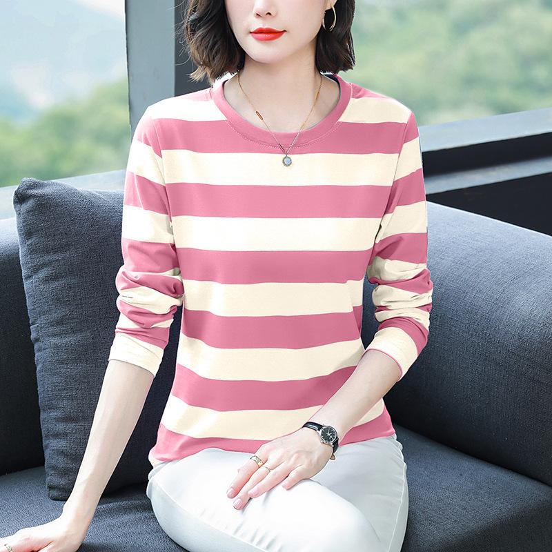 Middle-aged Mom Autumn Clothes Plus Size Loose Cotton Long Sleeve T-shirt Women's Autumn Clothes Wear Undershirts with Striped Tops