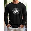 Men's 100% Pure Cotton Loose Fit Comfortable Sports and Leisure Mountain Compass Pattern Printed Round Neck Long Sleeved T-shirt