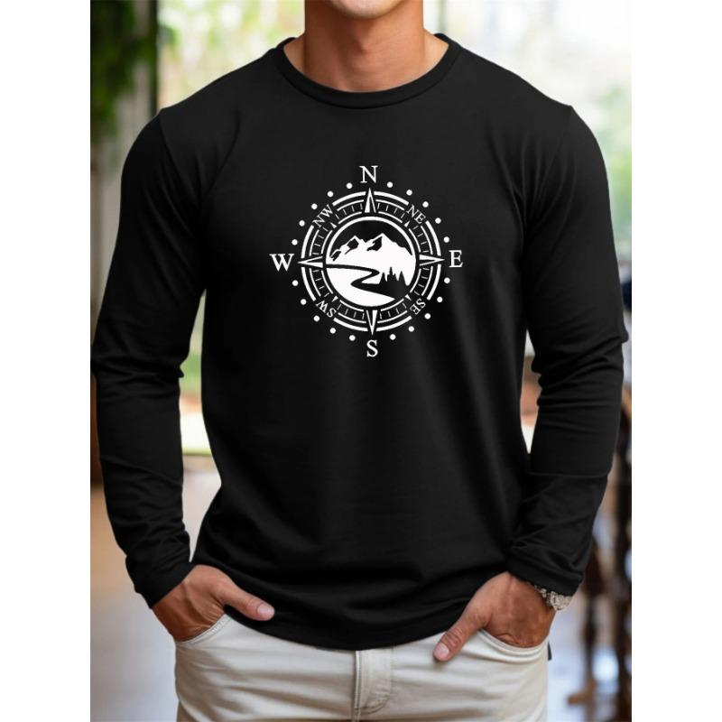 Men's 100% Pure Cotton Loose Fit Comfortable Sports and Leisure Mountain Compass Pattern Printed Round Neck Long Sleeved T-shirt