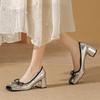 Retro pig nose color matching ballet shoes women's bow silver outer wear light mouth thick heel square head Mary Jane shoes