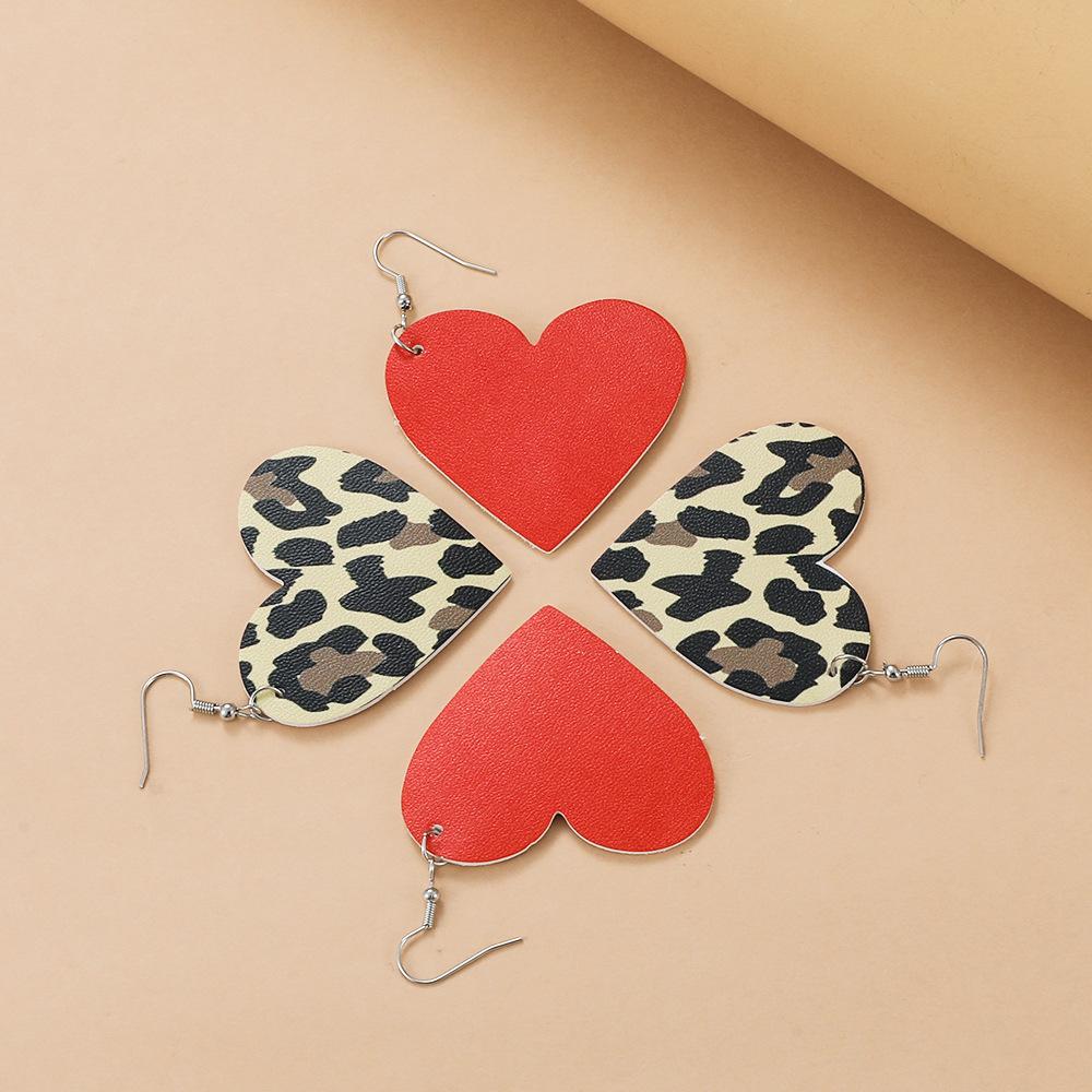 High quality new big love earrings red and black plaid rainbow leopard print heart leather ear hook Amazon ins earrings