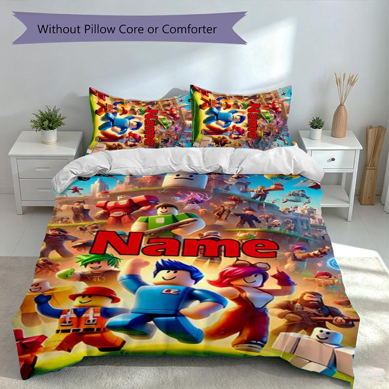 3pcs Custom Name Gaming Roblox Bedding Set,Includes 1 Duvet Cover and 2 Pillowcases,All-season Bedroom Decor