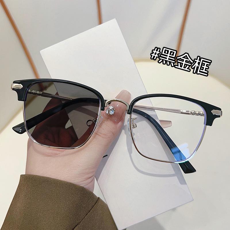 821 Stylish Photochromic Myopia Glasses: Half-Rim, Anti-Blue Light, Color-Changing to Gray for Tech-Savvy Men