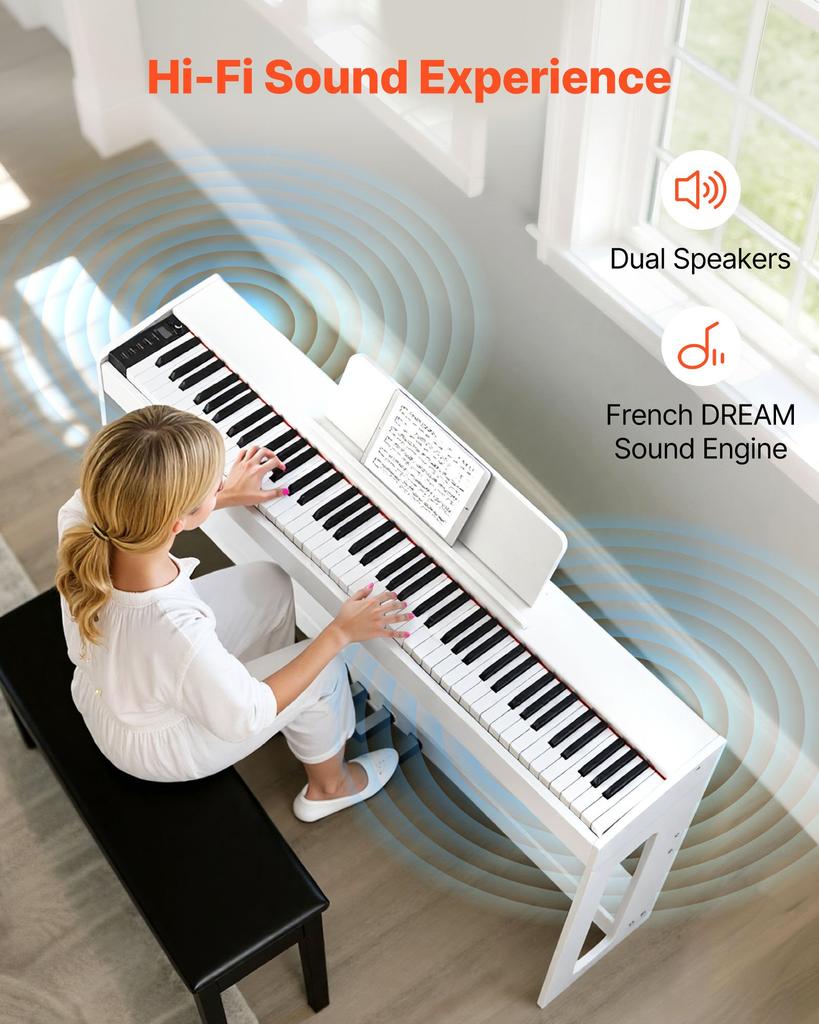 VEVOR Weighted Digital Piano, 88 Keys Fully Weighted, Electric Piano Keyboard with Furniture Stand, Power Adapter, Triple Pedal, Record Function
