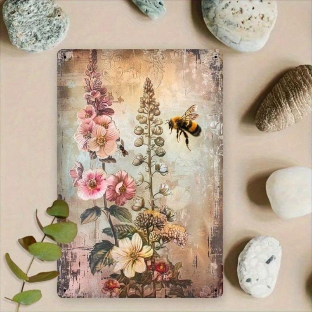 Vintage Metal Poster Bee Flowers, Wall Tin Sign for Kitchen Bar Decor 8x12 Inch