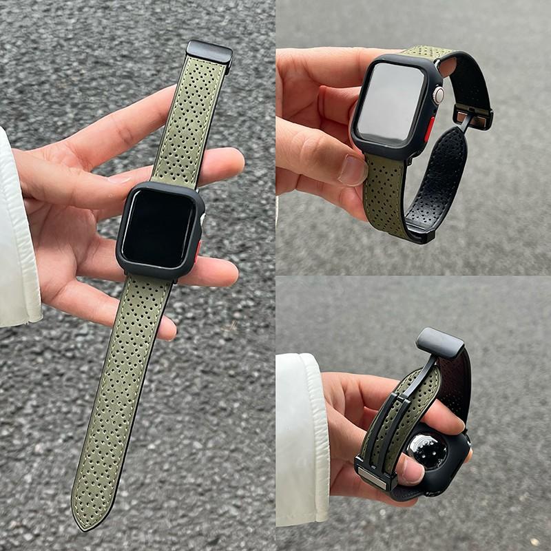 Für Apple Watch 10 46 mm/Ultra 2/Ultra 49 mm/9 8 7 45 mm/SE (2023) SE (2022) SE 6 5 4 44mm/3 2 1 42mm Uhrenarmband Echtes Rindsleder Magnetband