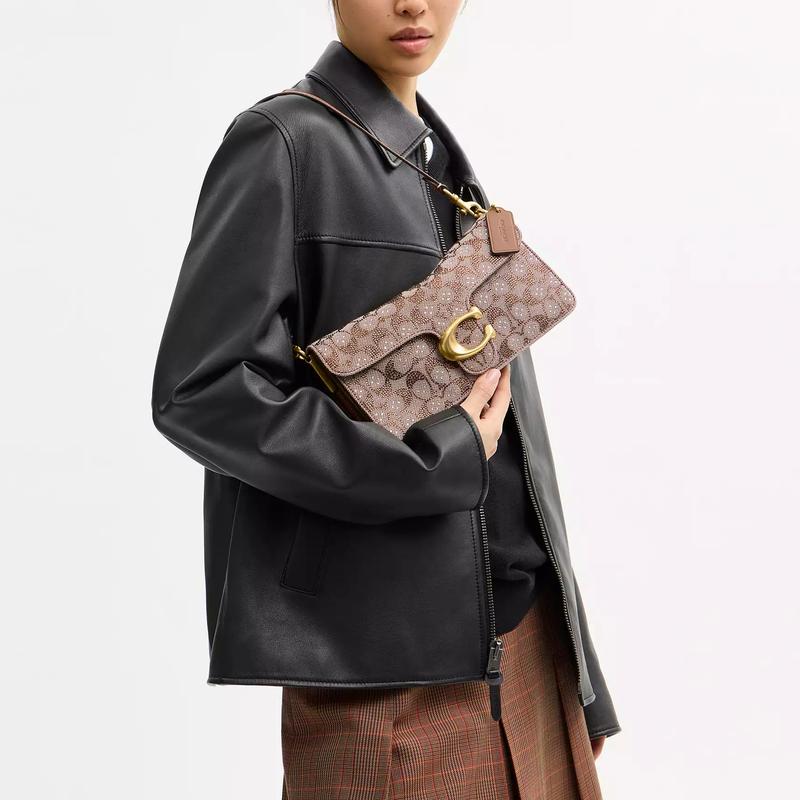 Coach Tabby 26 Crystal Logo Jacquard Classic Design Natural Grain Nappa Leather Shoulder Bag Medium Women Mushroom