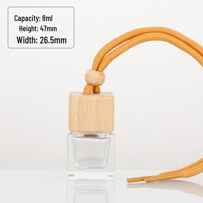 Square Wooden Lid Car Diffuser Bottle for Essential Oils - Empty Glass Perfume Refill Pendant.
