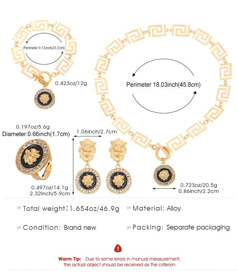 Gold Jewelry Set For Women, Necklaces Bracelet And Earrings With Cubic Zirconia Lion Pendant Luxurious Metallic Style Gift