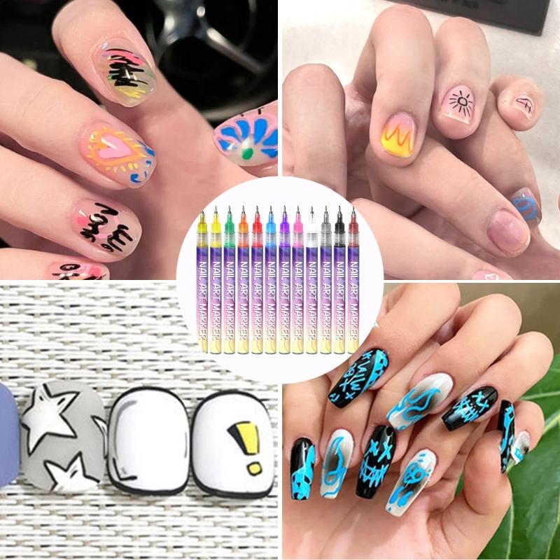 Penna da Disegno per Nail Art 12 Colori Set di Penne per Nail Art Impermeabile Penna per Smalto Asciugatura Rapida Penna per Pittura Graffiti Nail Art